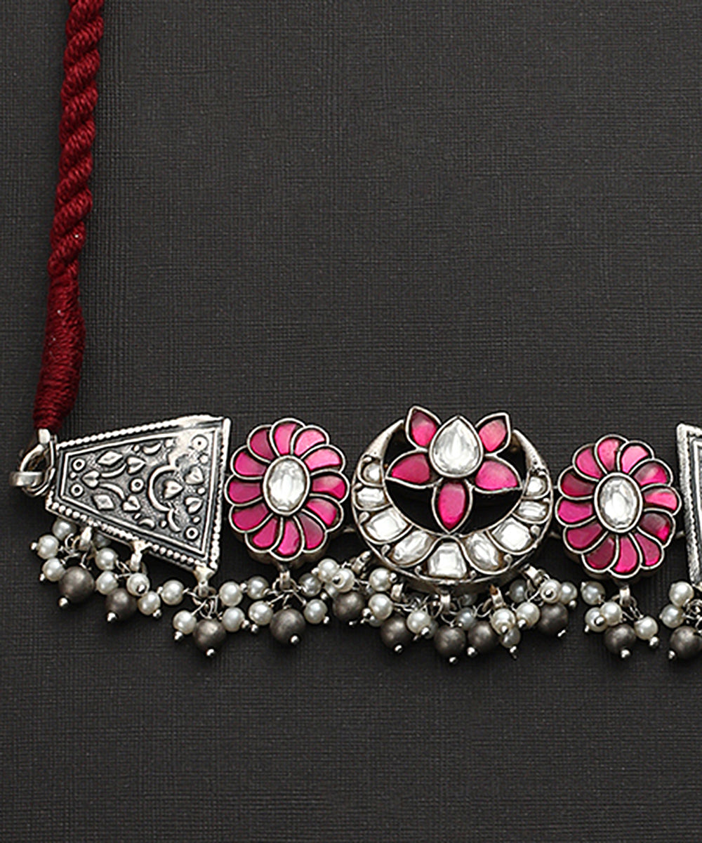 Moriah_Handcrafted_Pink_Oxidised_Pure_Silver_Kundan_Necklace_Set_WeaverStory_05