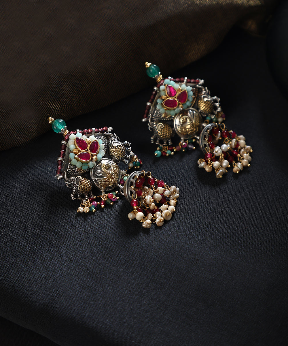 Shlok_Handcrafted_Oxidised_Pure_Silver_Kundan_Earrings_With_Pearl_Hangings_WeaverStory_01