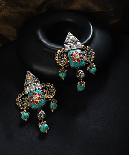 Sahasra_Handcrafted_Turqoise_Oxidised_Pure_Silver_Kundan_Earrings_WeaverStory_01