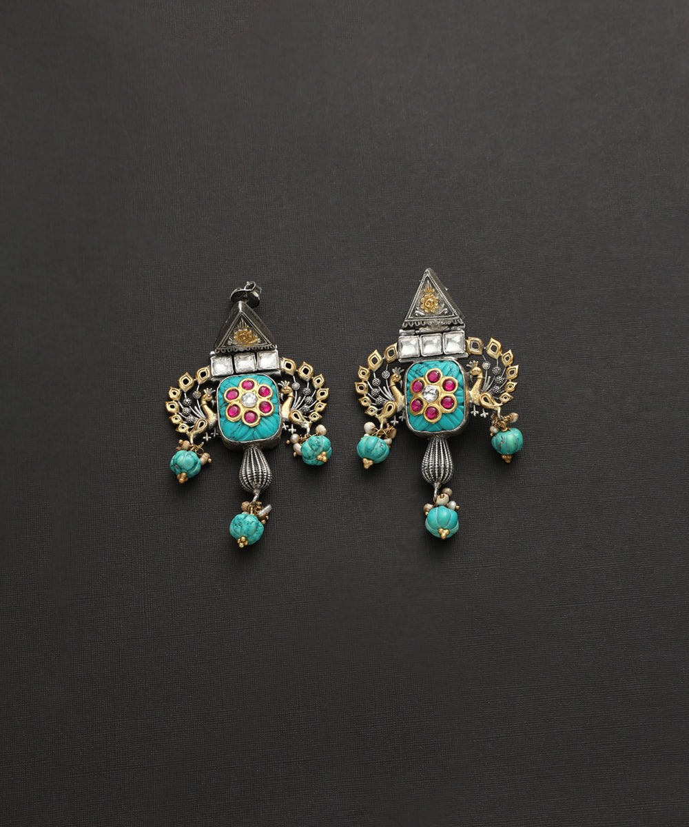 Sahasra_Handcrafted_Turqoise_Oxidised_Pure_Silver_Kundan_Earrings_WeaverStory_02