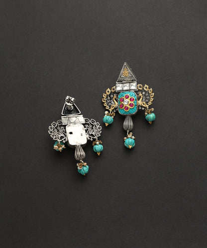 Sahasra_Handcrafted_Turqoise_Oxidised_Pure_Silver_Kundan_Earrings_WeaverStory_03