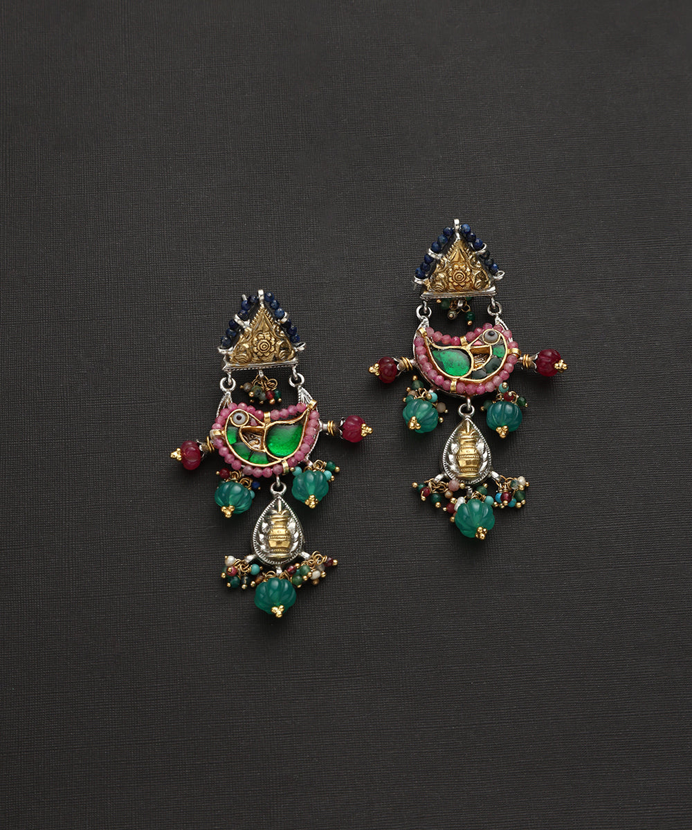 Kashvi_Handcrafted_Oxidised_Pure_Silver_Kundan_Earrings_With_Parrot_Motifs_And_Multicolor_Beads_WeaverStory_02