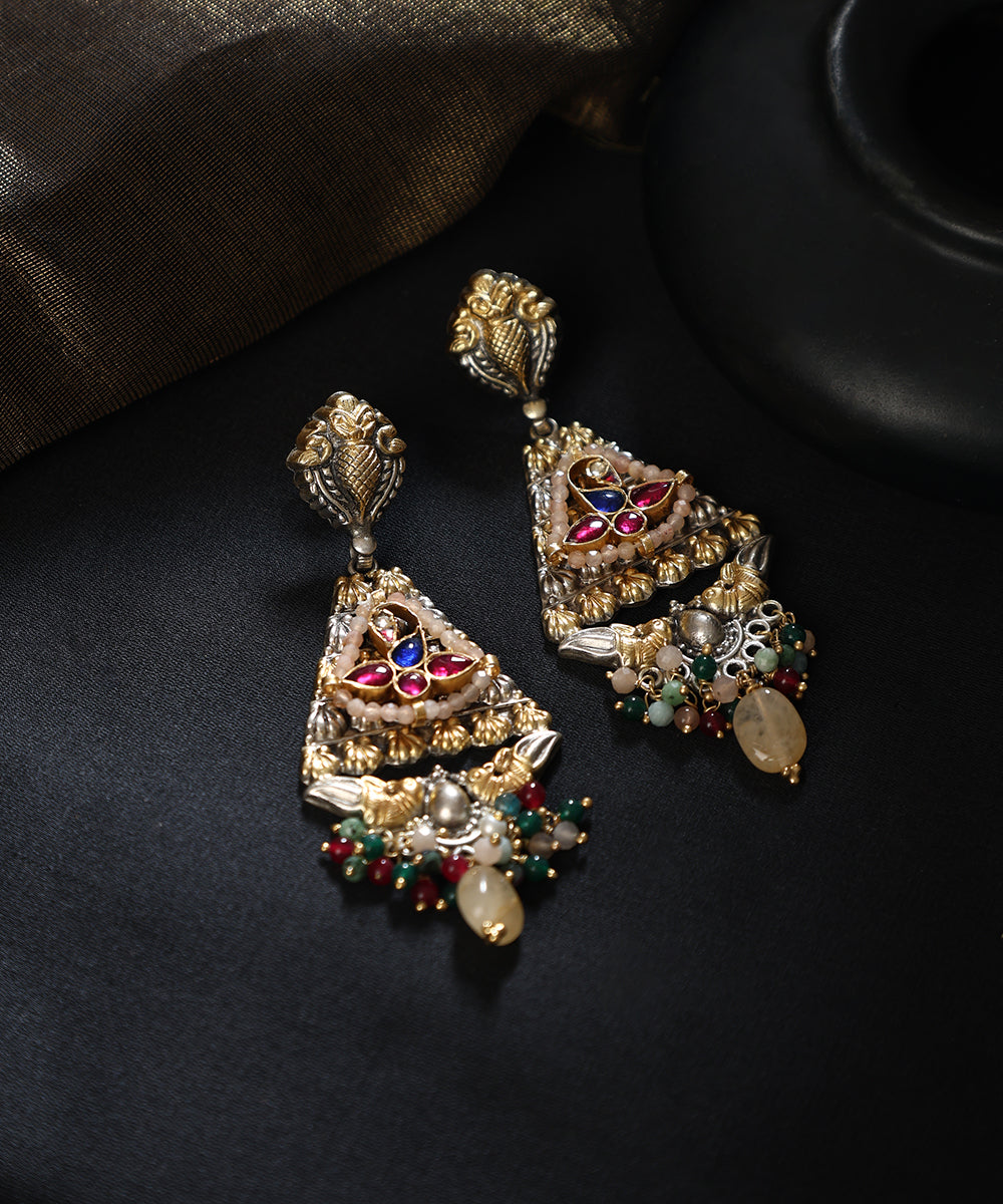 Tarik_Handcrafted_Oxidised_Pure_Silver_Kundan_Earrings_With_Multicolor_Pearls_WeaverStory_01