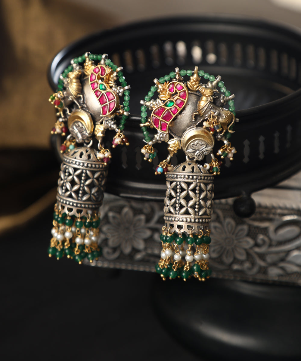 Abhimanyu_Handcrafted_Oxidised_Pure_Silver_Kundan_Earrings_With_Peacock_Motif_WeaverStory_01