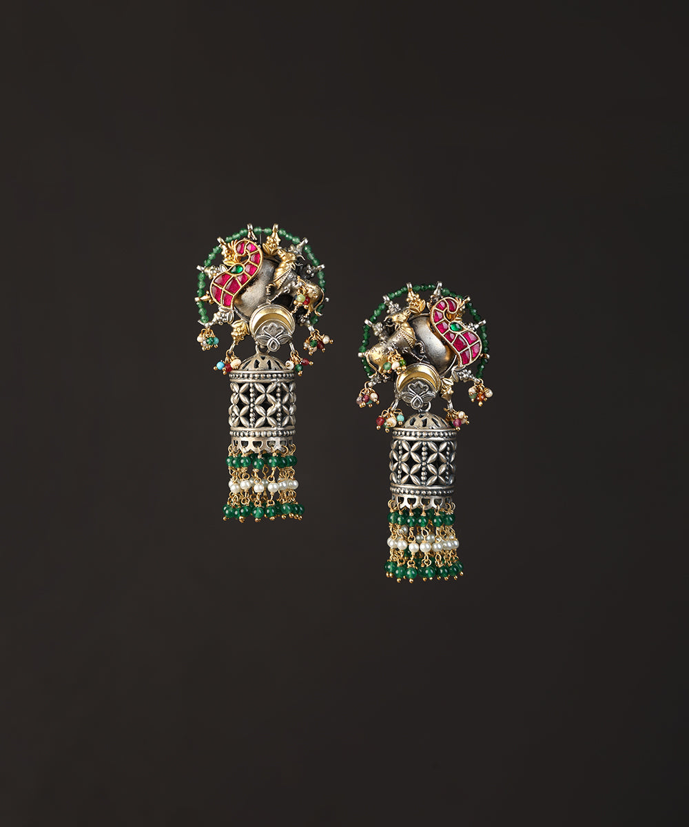 Abhimanyu_Handcrafted_Oxidised_Pure_Silver_Kundan_Earrings_With_Peacock_Motif_WeaverStory_02