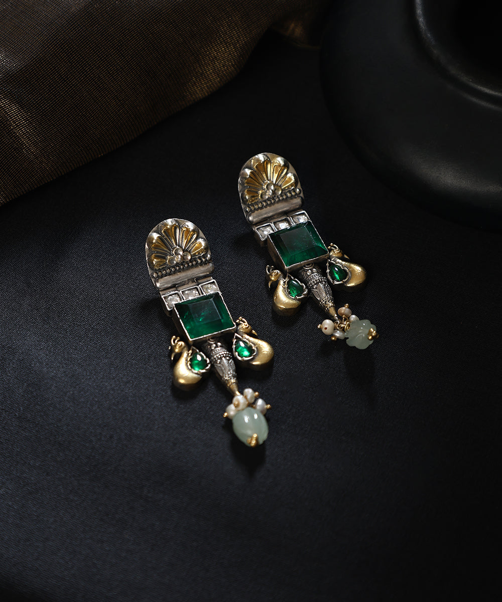 Mishti_Handcrafted_Oxidised_Pure_Silver_Kundan_Earrings_With_Peacock_Motif_WeaverStory_01