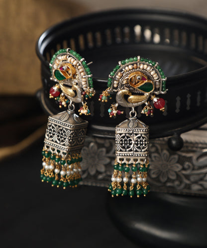 Vinay_Handcrafted_Oxidised_Pure_Silver_Kundan_Earrings_With_Peacock_Motif_WeaverStory_01