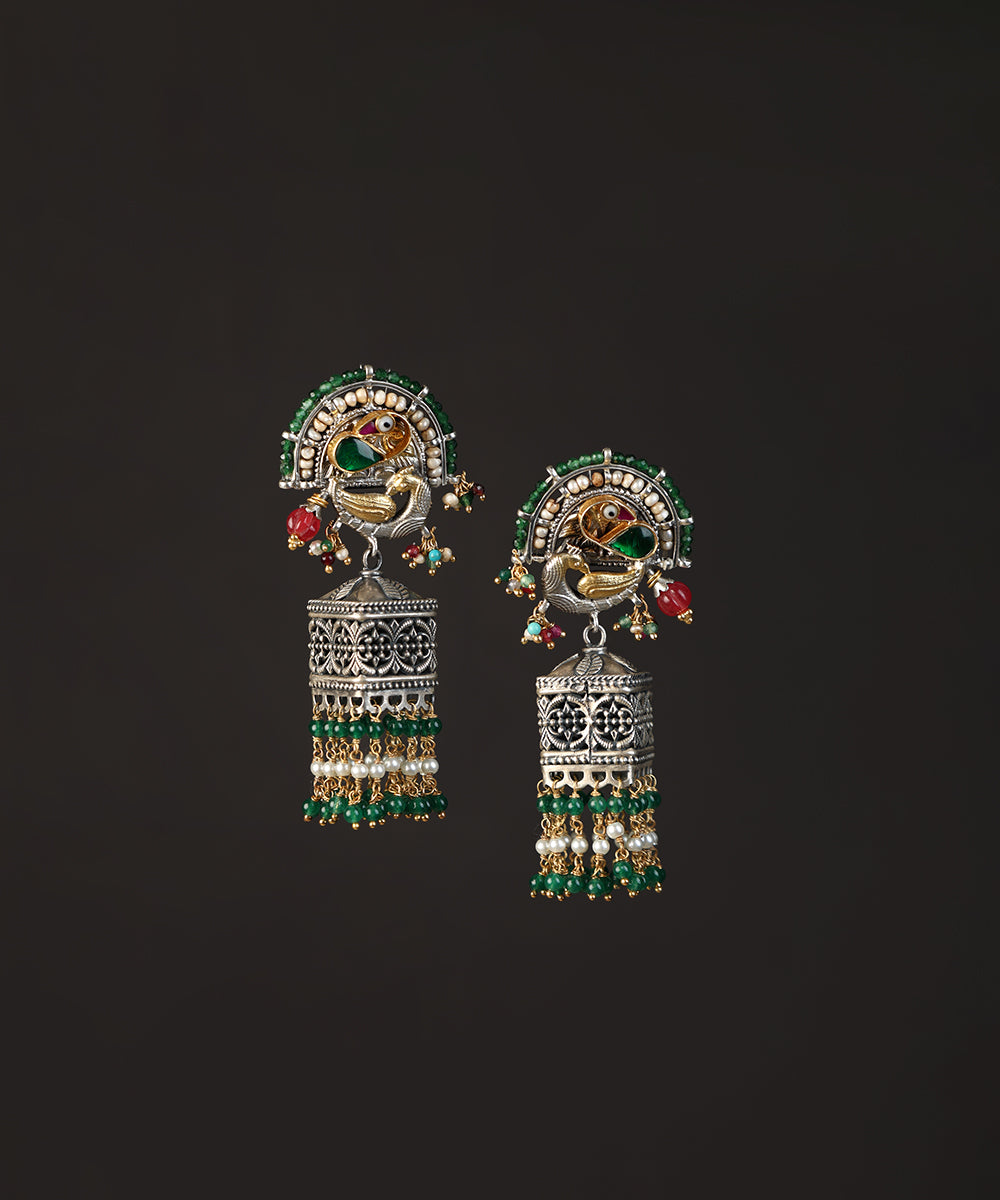 Vinay_Handcrafted_Oxidised_Pure_Silver_Kundan_Earrings_With_Peacock_Motif_WeaverStory_02