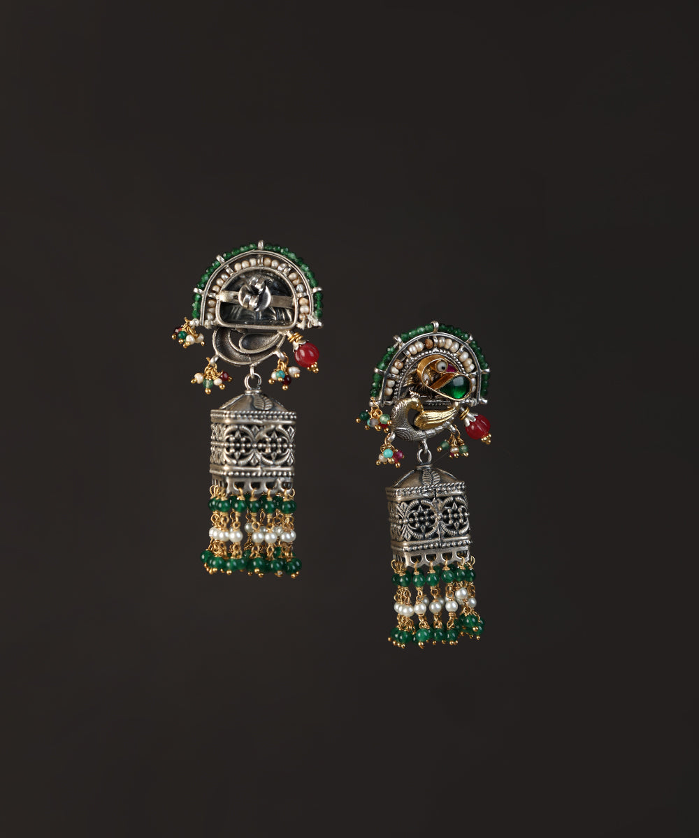 Vinay_Handcrafted_Oxidised_Pure_Silver_Kundan_Earrings_With_Peacock_Motif_WeaverStory_03