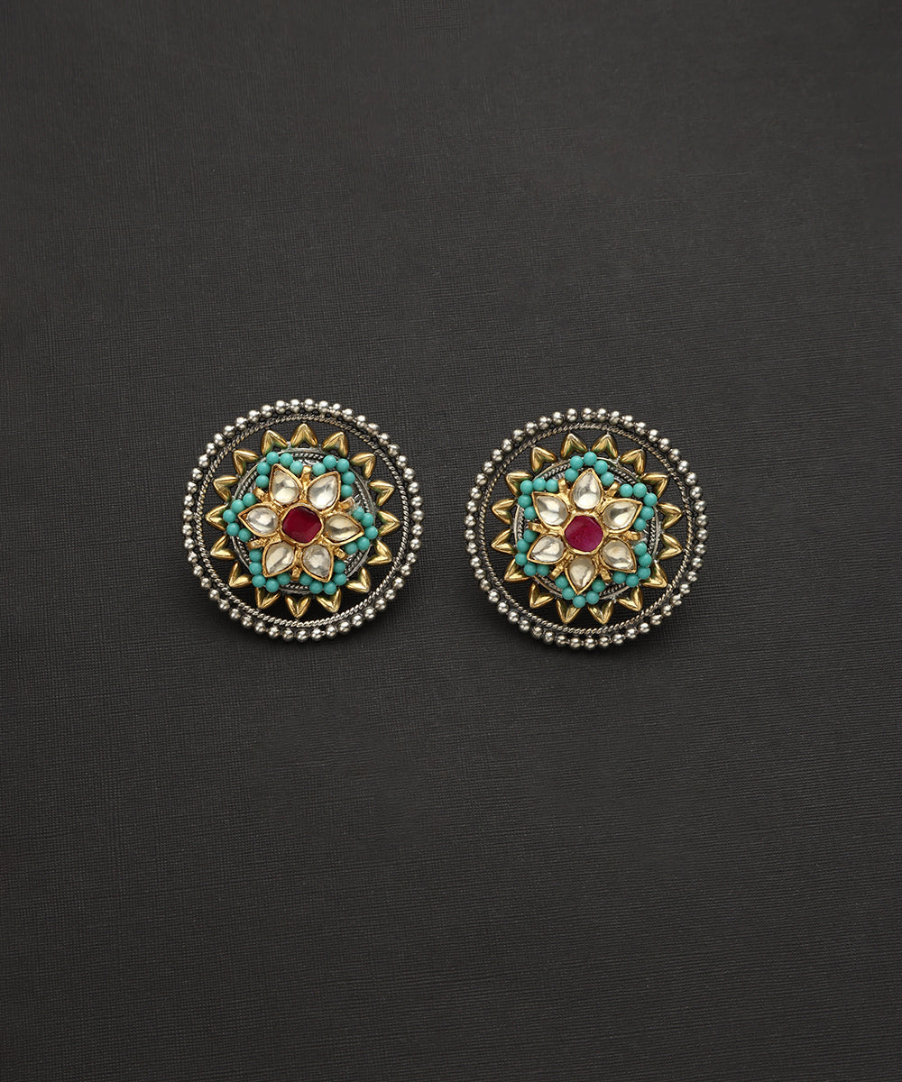 Deeksha_Handcrafted_Oxidised_Pure_Silver_Kundan_Earrings_Studs_With_Flower_Motif_WeaverStory_02