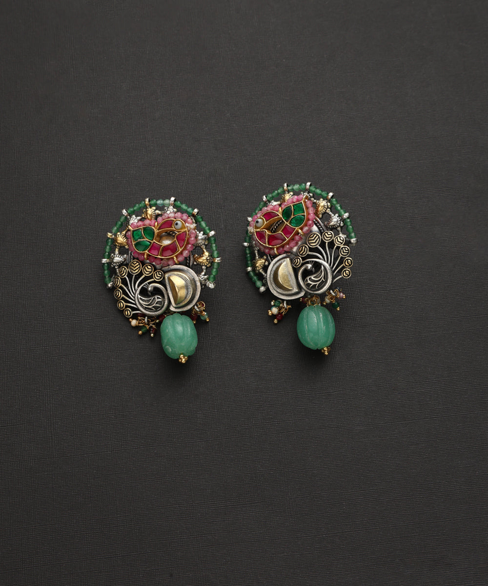 Deetya_Handcrafted_Oxidised_Pure_Silver_Kundan_Earrings_With_Peacock_Motif_WeaverStory_02