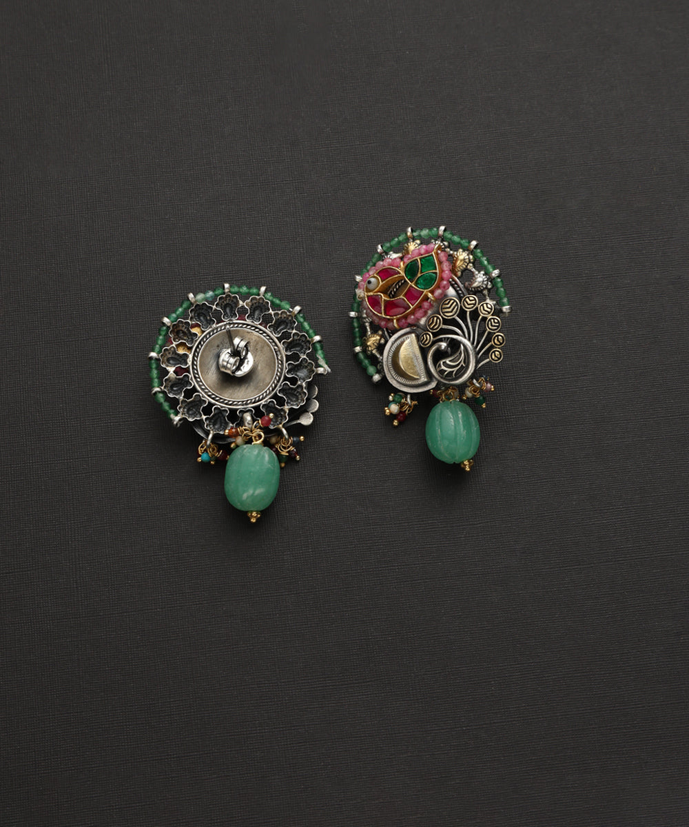 Deetya_Handcrafted_Oxidised_Pure_Silver_Kundan_Earrings_With_Peacock_Motif_WeaverStory_03