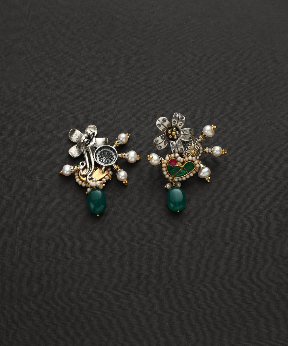 Meer_Handcrafted_Oxidised_Pure_Silver_Kundan_Earrings_With_Floral_Motif_WeaverStory_03