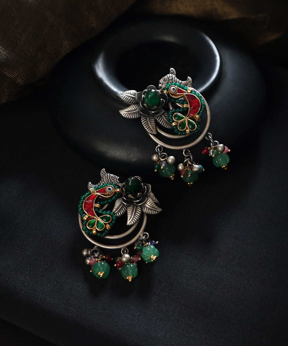 Rajan_Handcrafted_Oxidised_Pure_Silver_Kundan_Earrings_With_Fish_And_Floral_Motif_WeaverStory_01