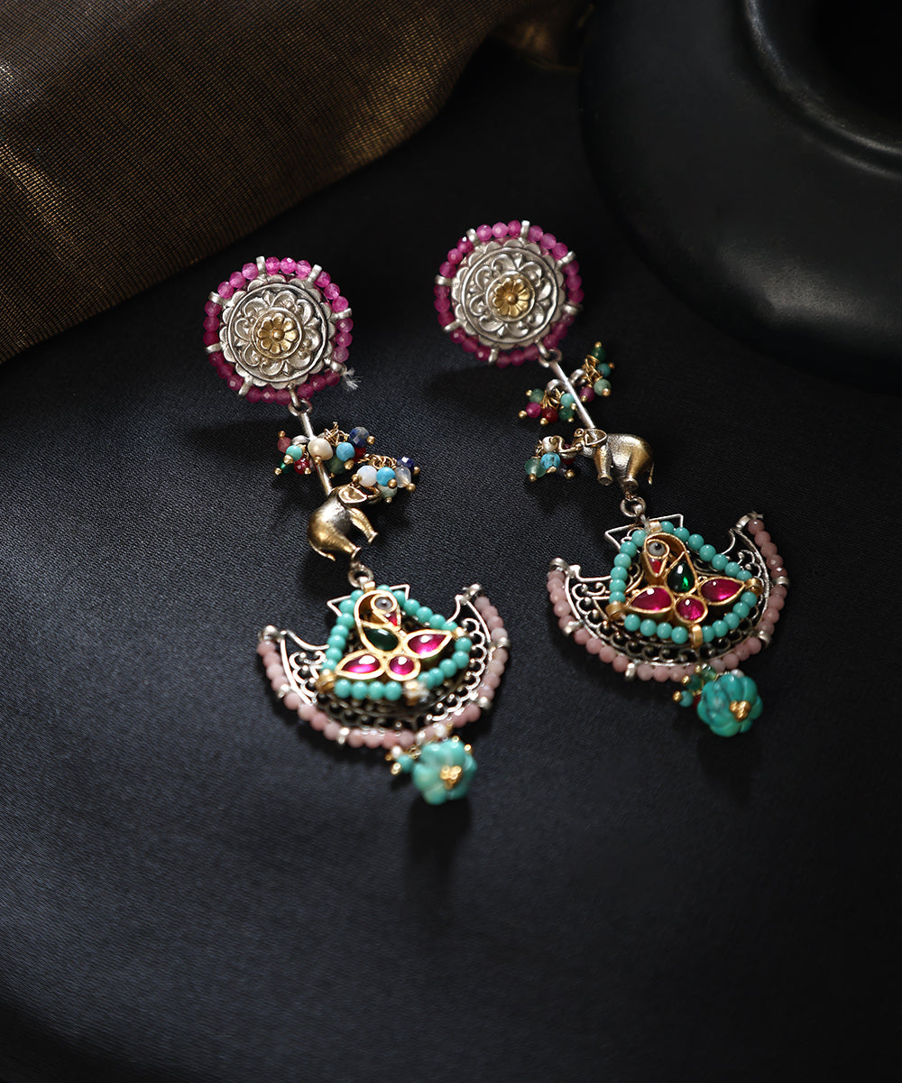 Kirin_Handcrafted_Oxidised_Pure_Silver_Kundan_Earrings_With_Elephant_And_Flower_Motif_WeaverStory_01