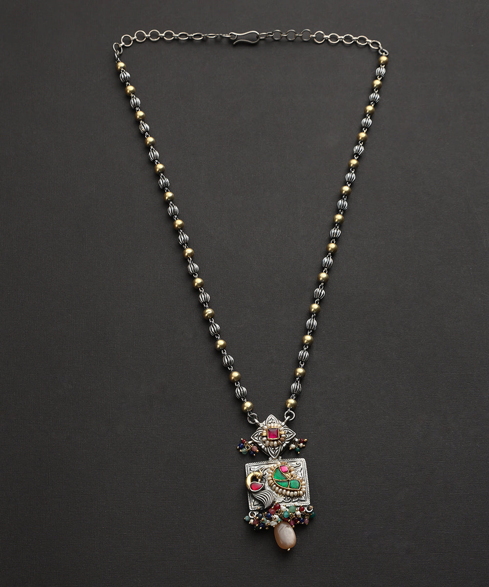 Jishnu_Handcrafted_Oxidised_Pure_Silver_Kundan_Necklace_With_Bird_Motif_WeaverStory_02