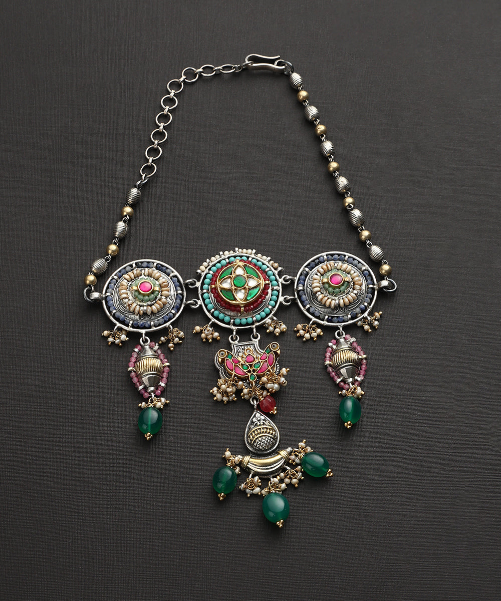 Vignesh_Handcrafted_Oxidised_Pure_Silver_Kundan_Necklace_With_Multicolor_Beads_WeaverStory_02