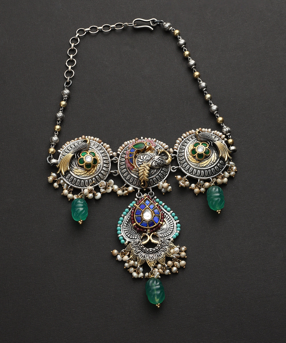 Nayana_Handcrafted_Oxidised_Pure_Silver_Kundan_Necklace_With_Peacock_Motif_WeaverStory_02