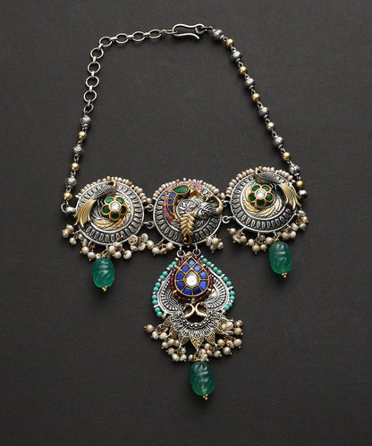 Nayana_Handcrafted_Oxidised_Pure_Silver_Kundan_Necklace_With_Peacock_Motif_WeaverStory_02