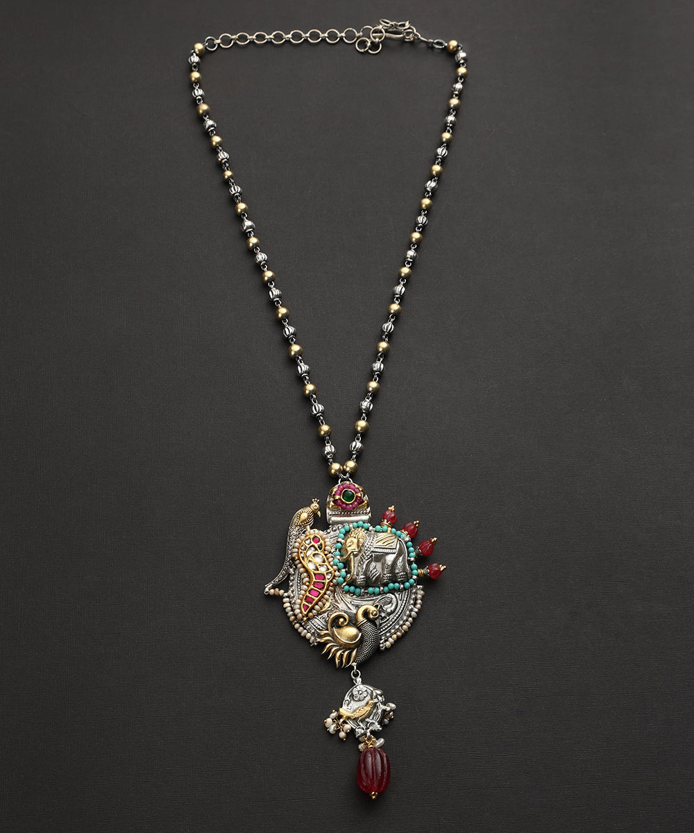 Mukund_Handcrafted_Oxidised_Pure_Silver_Kundan_Necklace_With_Animal_And_Bird_Motif_WeaverStory_02