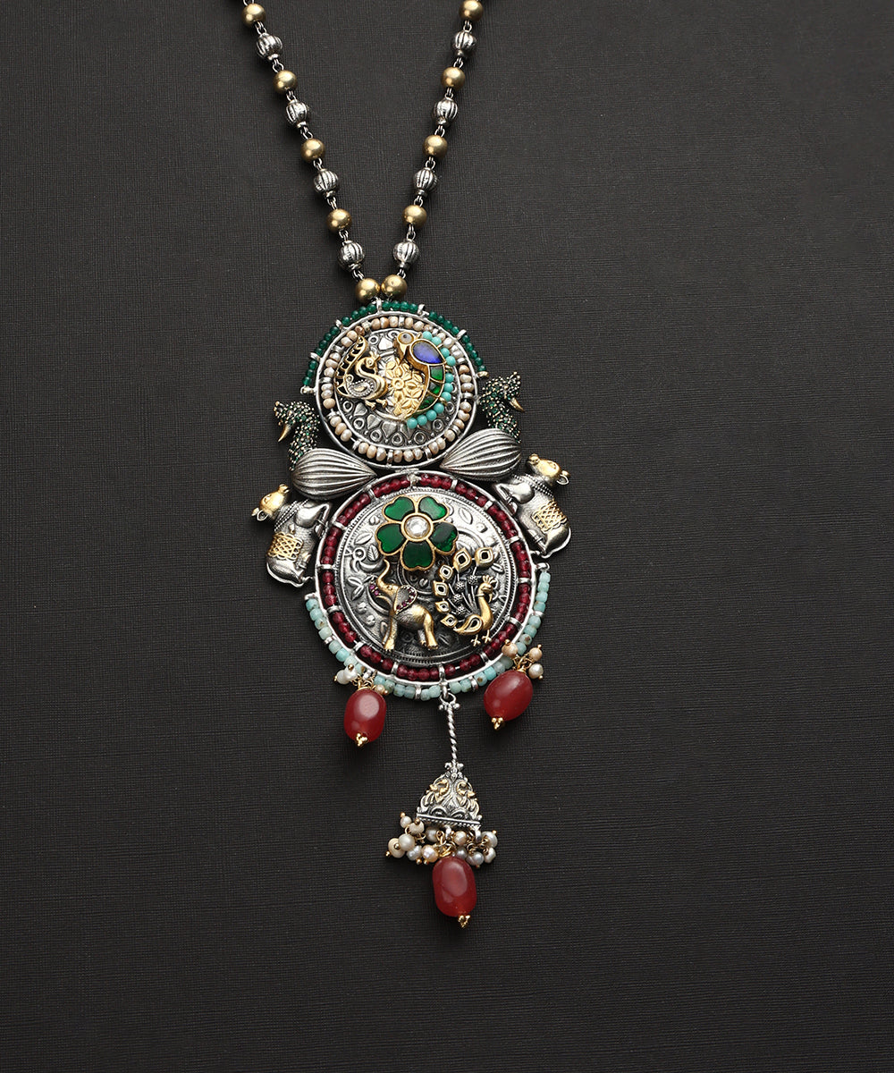 Pragya_Handcrafted_Oxidised_Pure_Silver_Kundan_Necklace_With_Peacock_WeaverStory_03