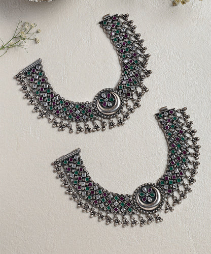 Jathibiya_Handcrafted_Oxidised_Pure_Silver_Anklets_With_Ruby_And_Chaand_Motif_WeaverStory_01