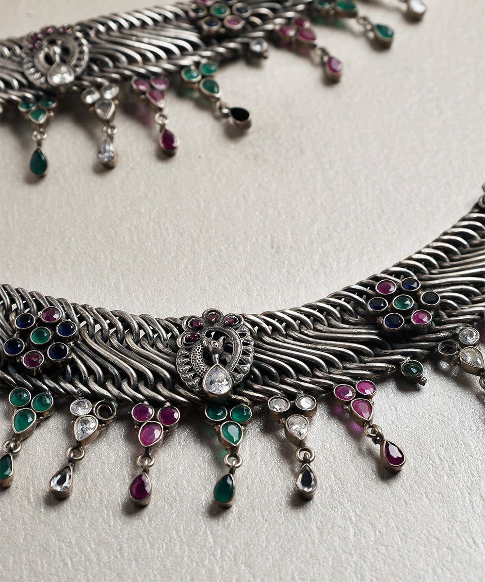 Mervyn_Handcrafted_Oxidised_Pure_Silver_Anklets_With_Ruby_And_Peacock_Motif_WeaverStory_02