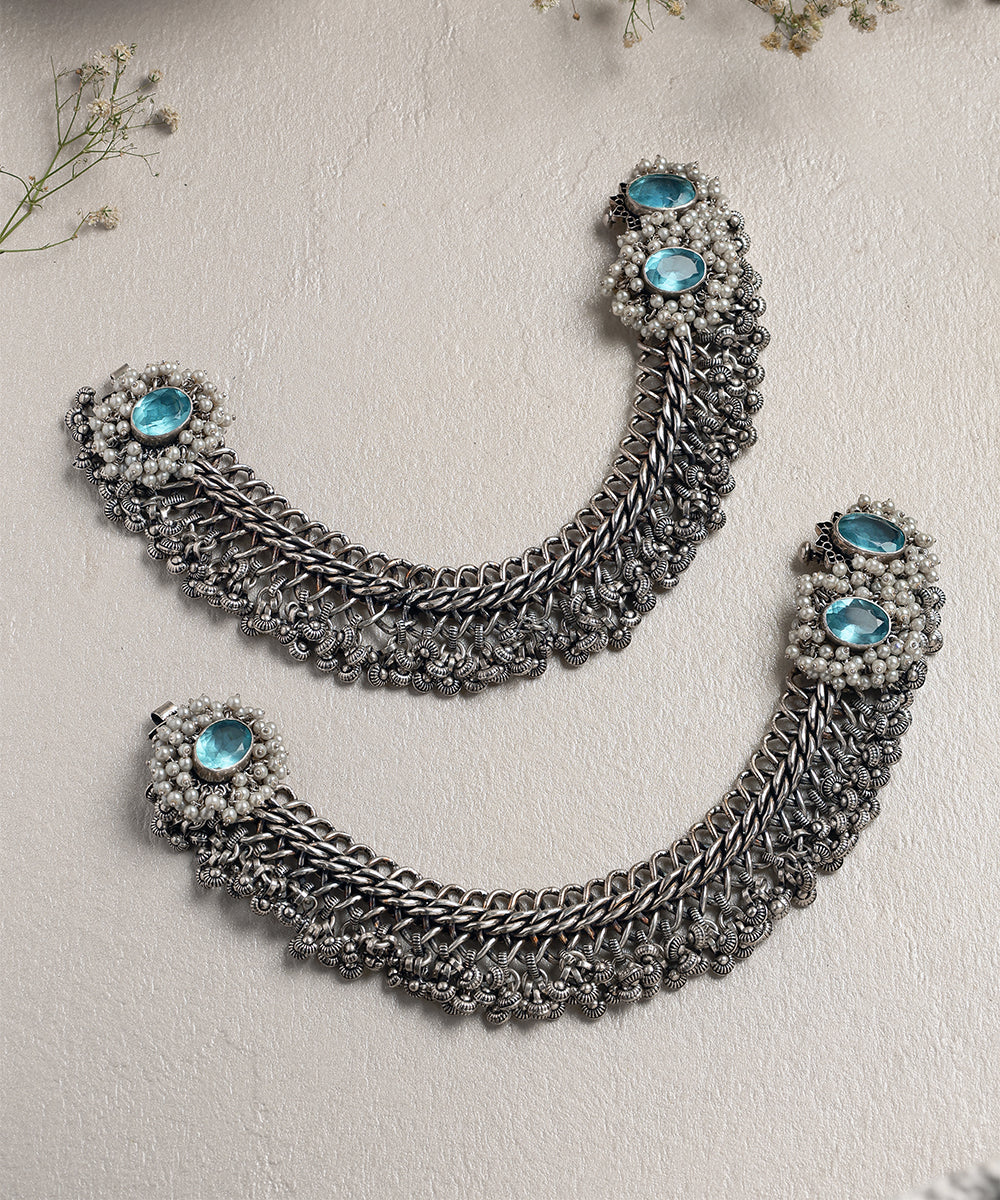 Ponyo_Handcrafted_Oxidised_Pure_Silver_Anklets_With_Blue_Topaz_And_Pearls_WeaverStory_01