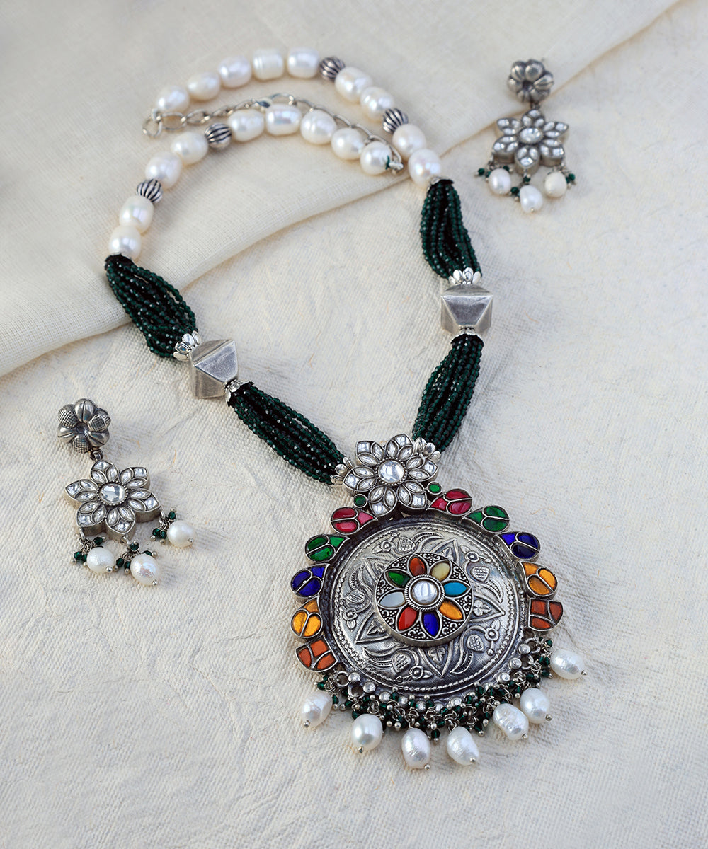 Aarshvi_Handcrafted_Oxidised_Pure_Silver_Navratana_Necklace_Set_WeaverStory_01