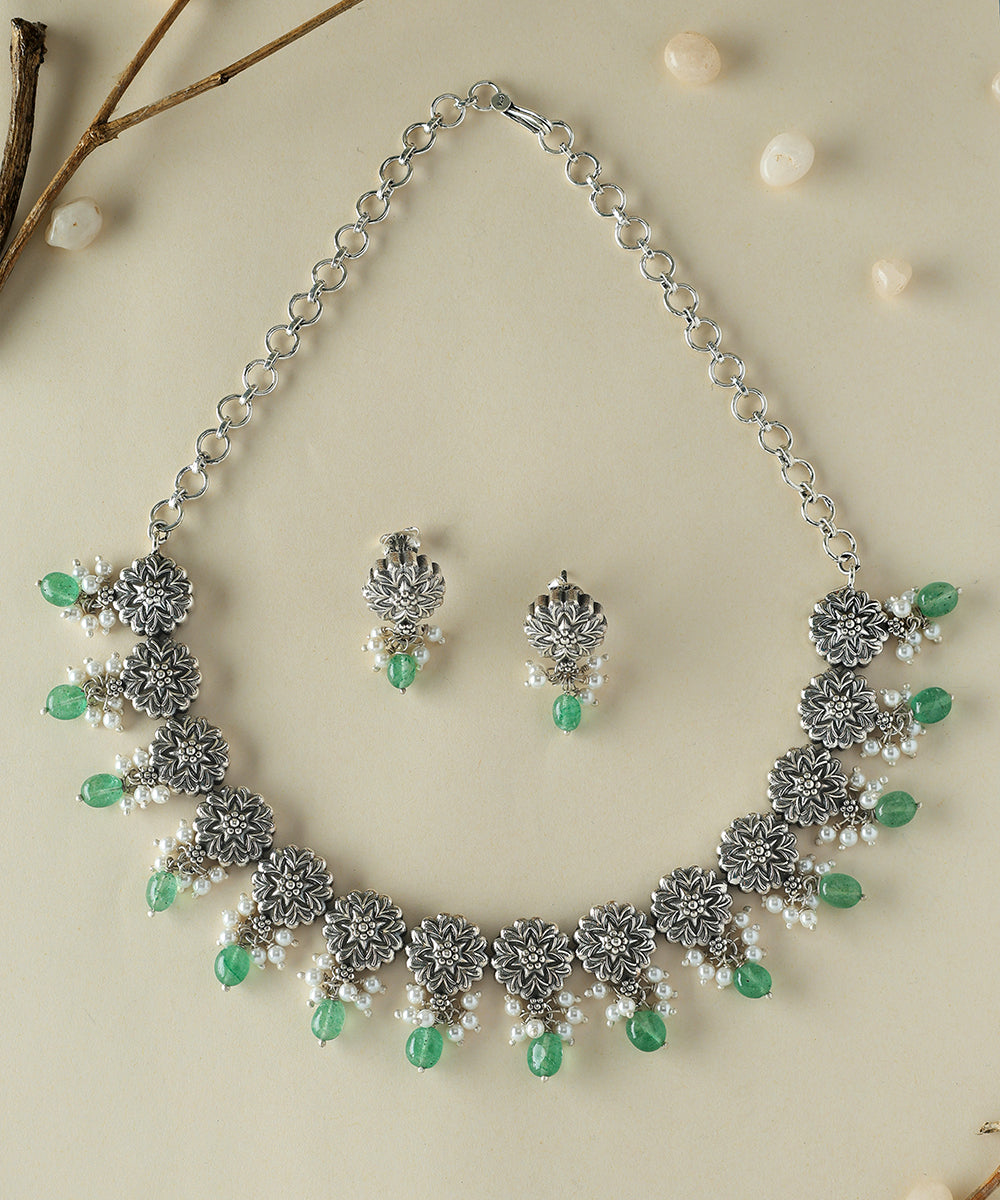 Harshvika_Handcrafted_Oxidised_Pure_Silver_Necklace_Set_With_Pearls_WeaverStory_01