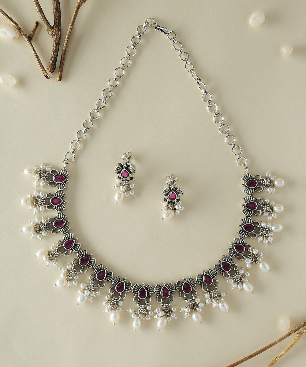 Kshirja_Handcrafted_Oxidised_Pure_Silver_Necklace_Set_With_Pearls_WeaverStory_01