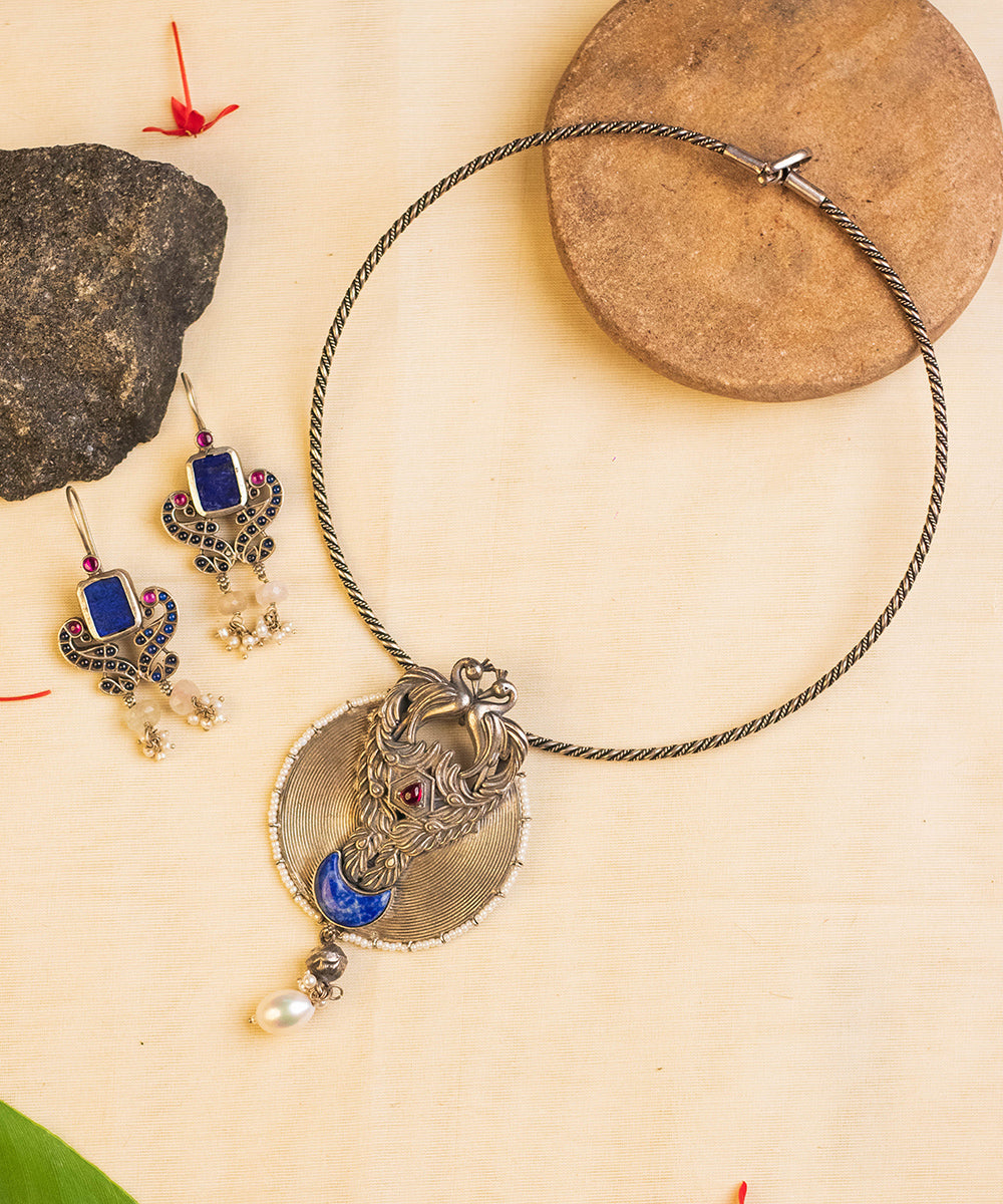 Gatha_Handcrafted_Pure_Silver_Necklace_Set_With_Lapis,_Pearls_and_Kempstones_WeaverStory_01