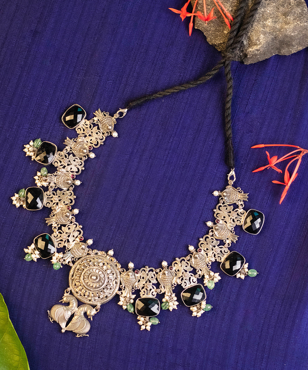 Jigya_Handcrafted_Pure_Silver_Necklace_With_Onyx_and_Pearls_WeaverStory_01