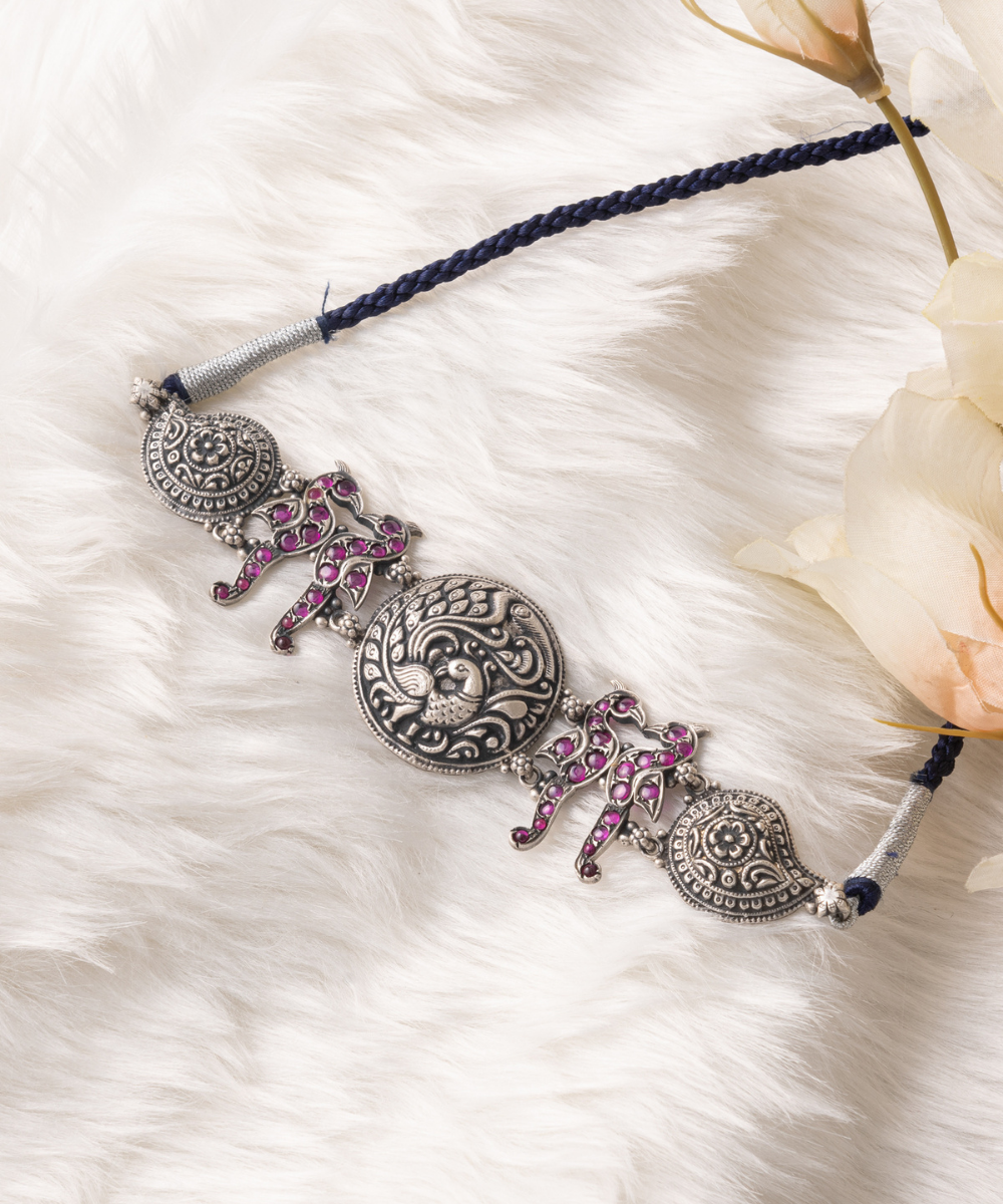 Arzoo_Handcrafted_Oxidised_Pure_Silver_Necklace_With_Pink_Stones_WeaverStory_01