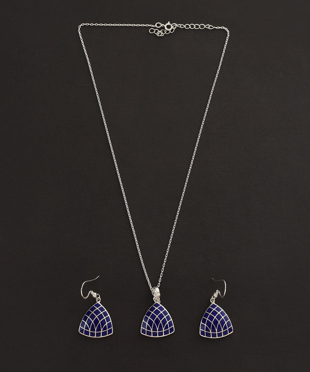 Aadavan_Navy_Blue_Handcrafted_Pure_Silver_Meenakari_Pendant_And_Earrings_Set_WeaverStory_02