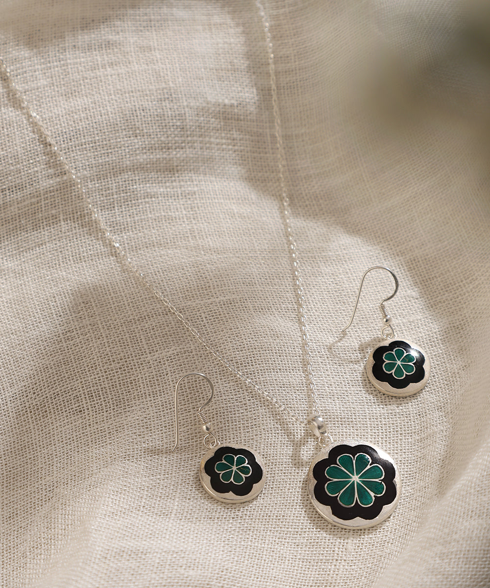 Zulekha_Blue_And_Green_Handcrafted_Pure_Silver_Meenakari_Floral_Pendant_And_Earrings_Set_WeaverStory_01