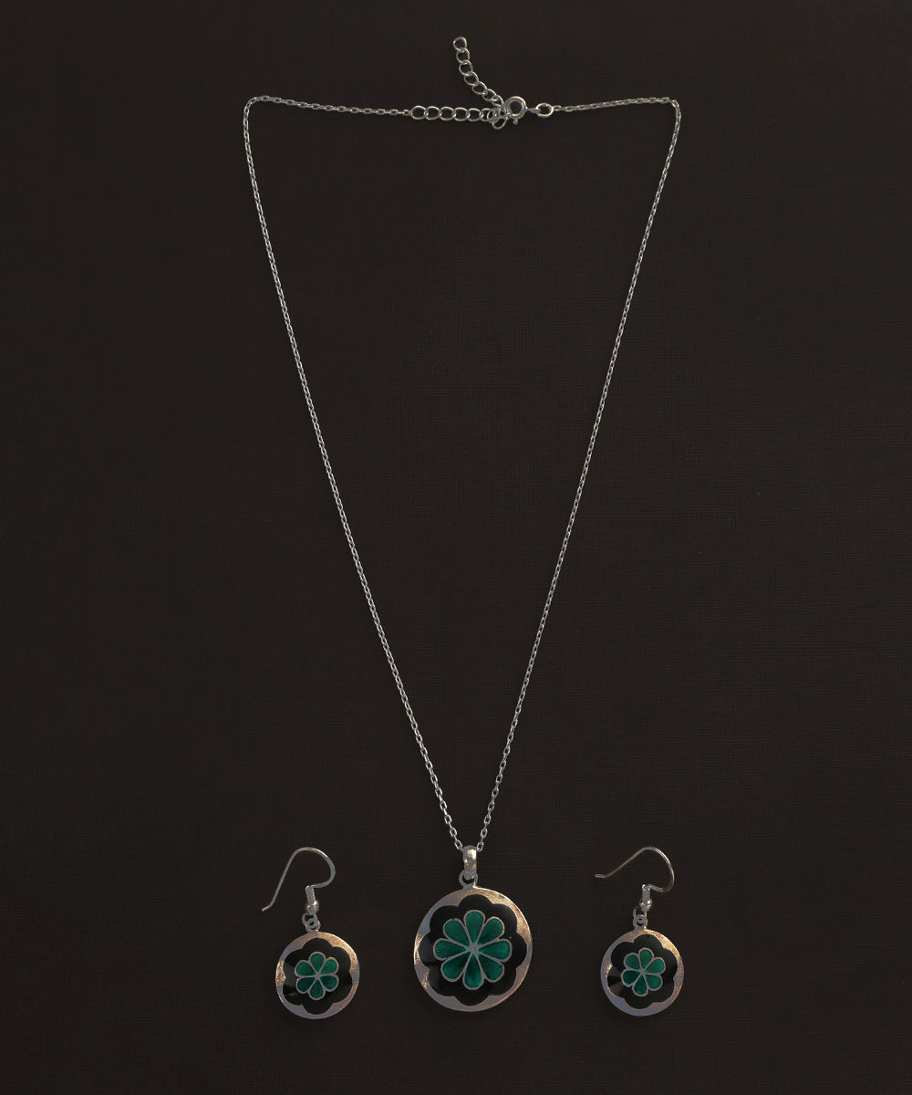 Zulekha_Blue_And_Green_Handcrafted_Pure_Silver_Meenakari_Floral_Pendant_And_Earrings_Set_WeaverStory_02