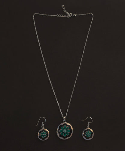 Zulekha_Blue_And_Green_Handcrafted_Pure_Silver_Meenakari_Floral_Pendant_And_Earrings_Set_WeaverStory_02