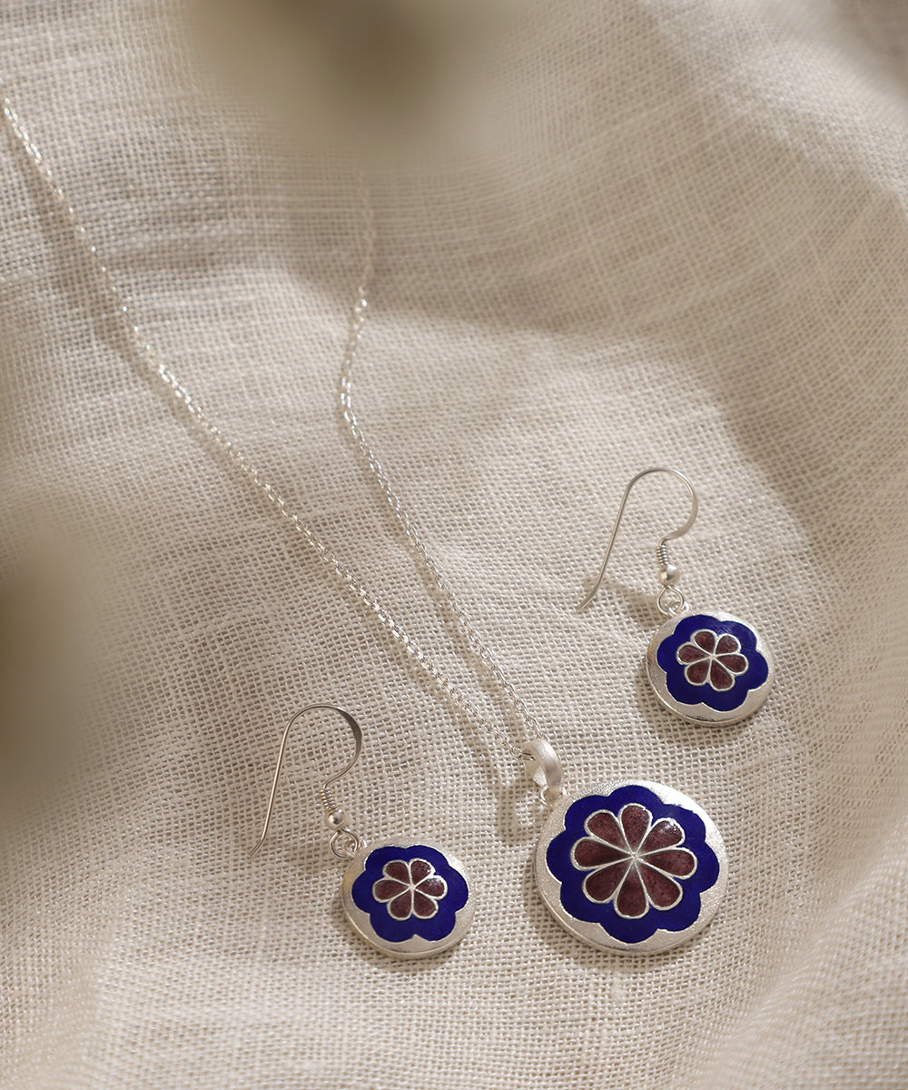 Gadiva_Blue_And_Maroon_Handcrafted_Pure_Silver_Meenakari_Floral_Pendant_And_Earrings_Set_WeaverStory_01