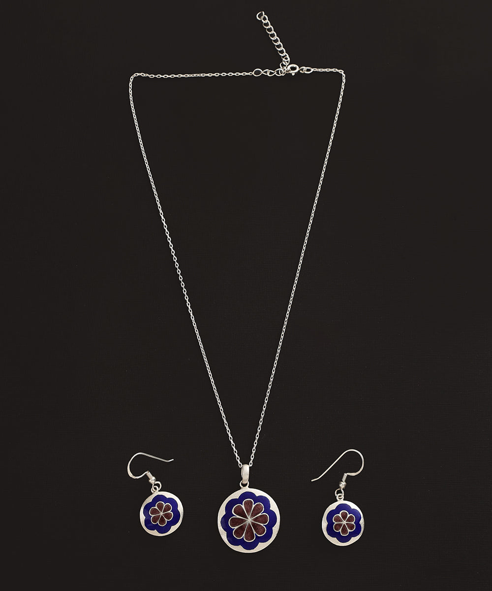 Gadiva_Blue_And_Maroon_Handcrafted_Pure_Silver_Meenakari_Floral_Pendant_And_Earrings_Set_WeaverStory_02