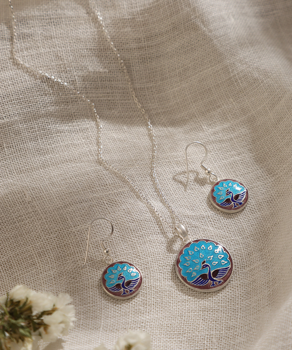Ednit_Blue_Handcrafted_Pure_Silver_Meenakari_Pendant_And_Earrings_Set_With_Peacock_Motifs_WeaverStory_01