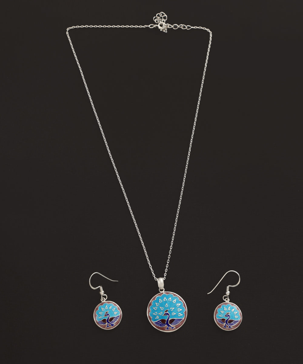 Ednit_Blue_Handcrafted_Pure_Silver_Meenakari_Pendant_And_Earrings_Set_With_Peacock_Motifs_WeaverStory_02