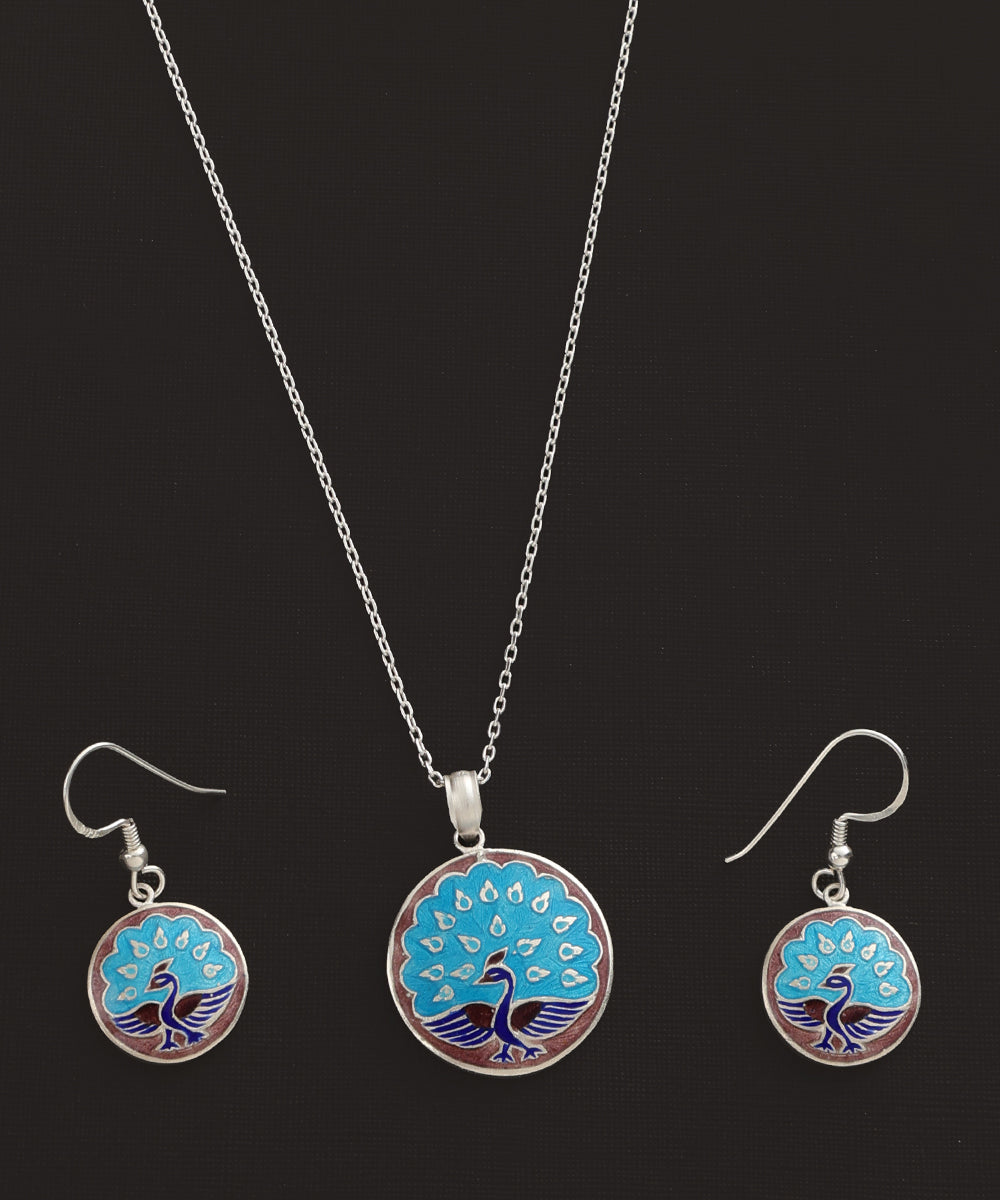 Ednit_Blue_Handcrafted_Pure_Silver_Meenakari_Pendant_And_Earrings_Set_With_Peacock_Motifs_WeaverStory_04