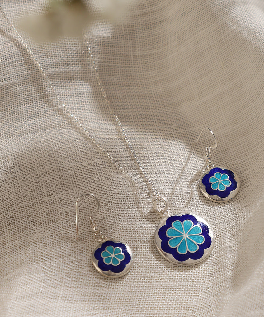 Raahi_Blue_Handcrafted_Pure_Silver_Meenakari_Floral_Pendant_And_Earrings_Set_WeaverStory_01