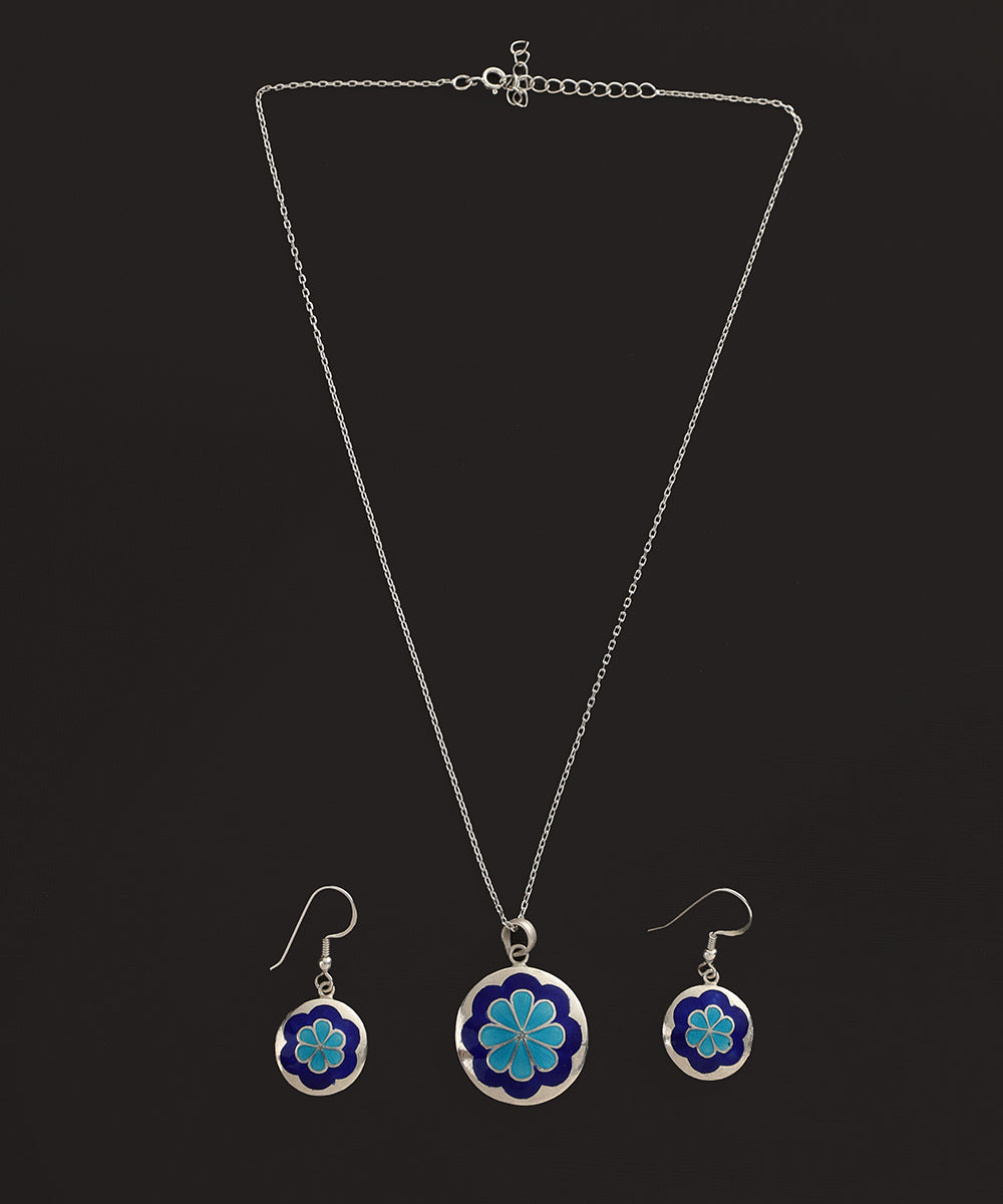 Raahi_Blue_Handcrafted_Pure_Silver_Meenakari_Floral_Pendant_And_Earrings_Set_WeaverStory_02