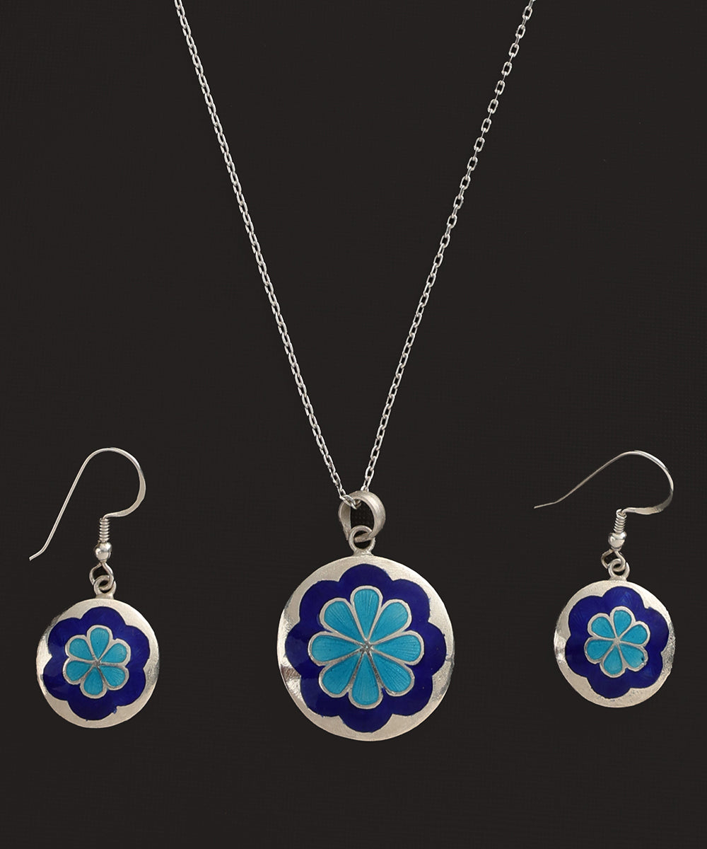 Raahi_Blue_Handcrafted_Pure_Silver_Meenakari_Floral_Pendant_And_Earrings_Set_WeaverStory_04