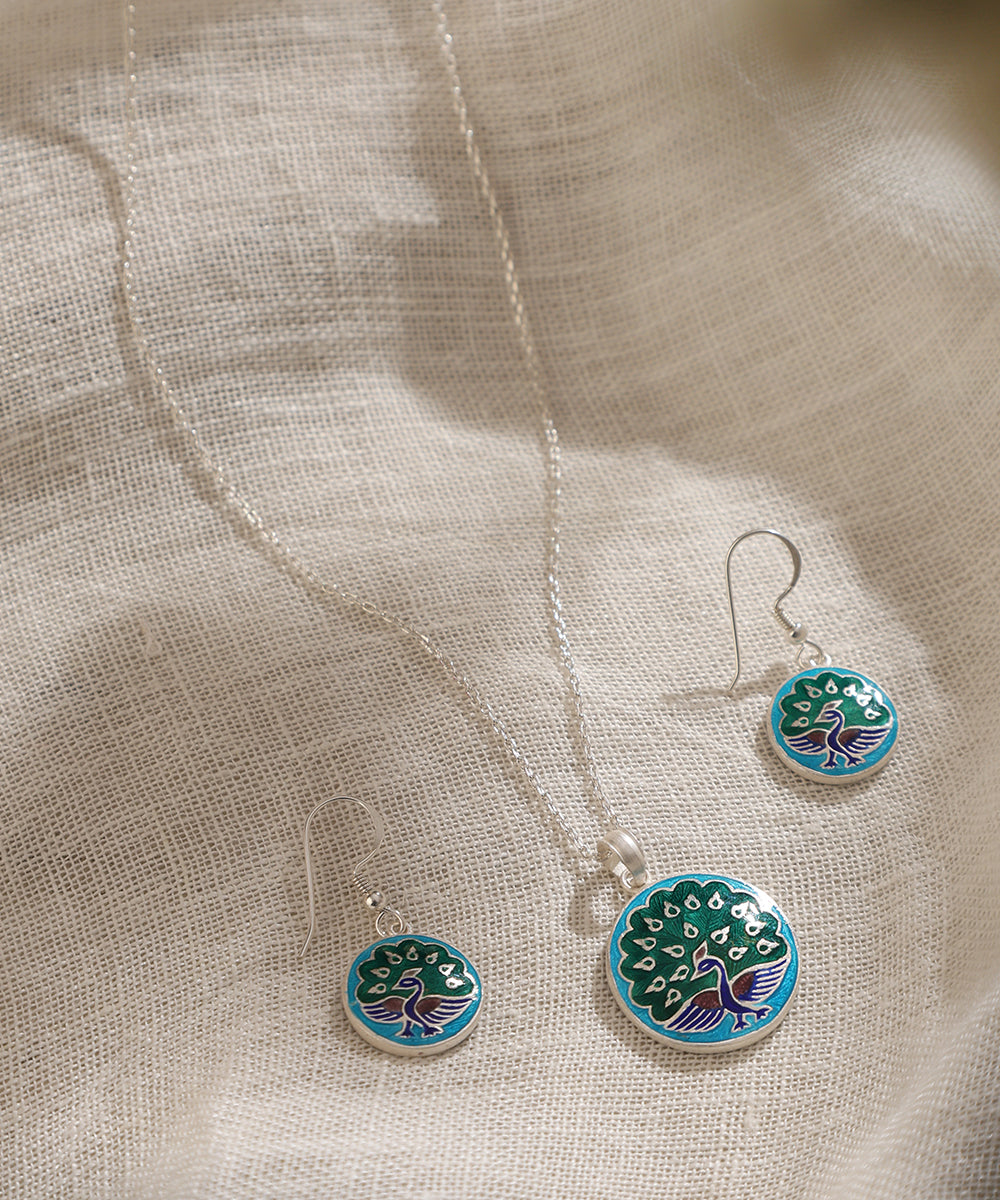 Qishen_Blue_Handcrafted_Pure_Silver_Meenakari_Pendant_And_Earrings_Set_With_Peacock_Motifs_WeaverStory_01