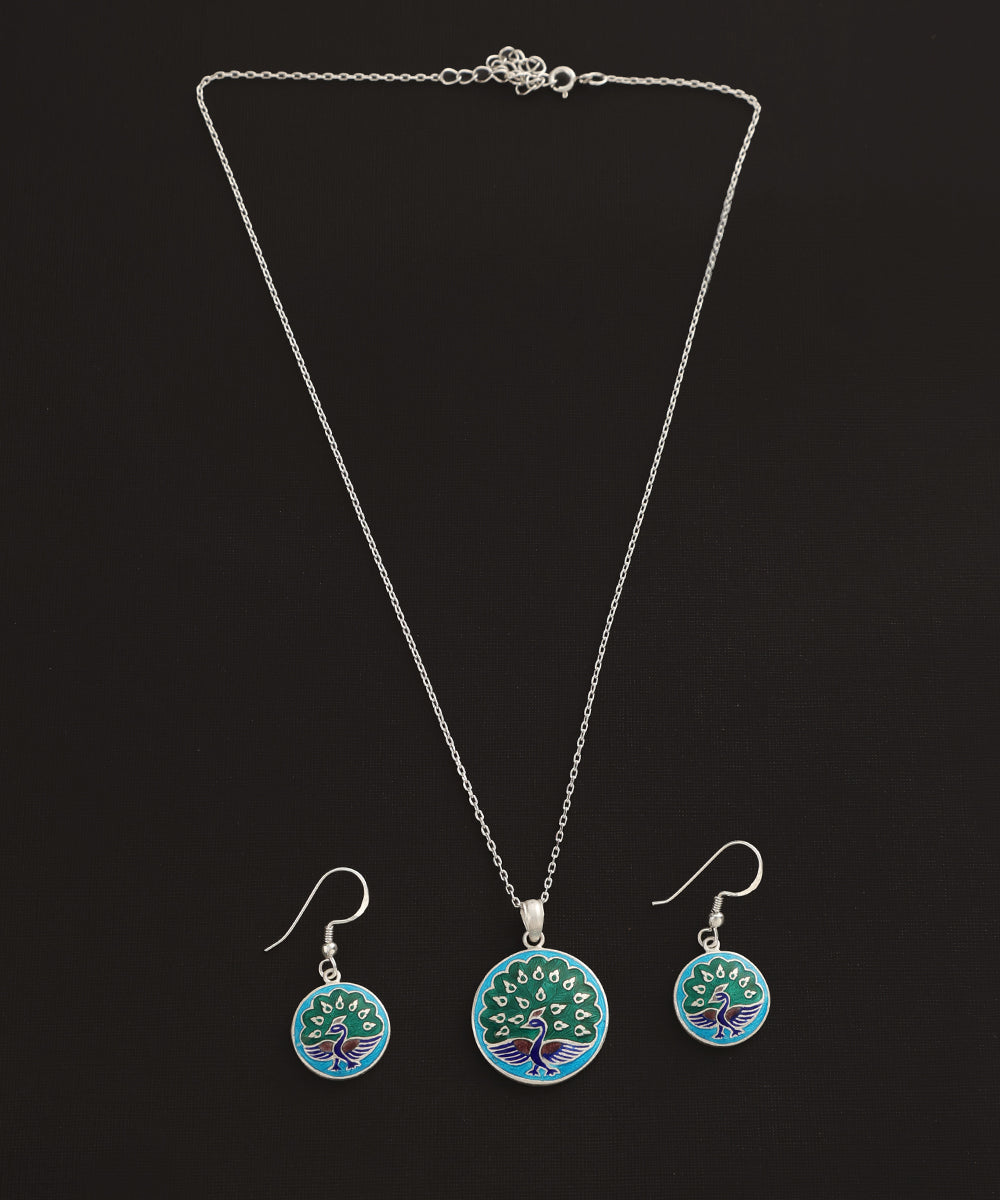 Qishen_Blue_Handcrafted_Pure_Silver_Meenakari_Pendant_And_Earrings_Set_With_Peacock_Motifs_WeaverStory_02