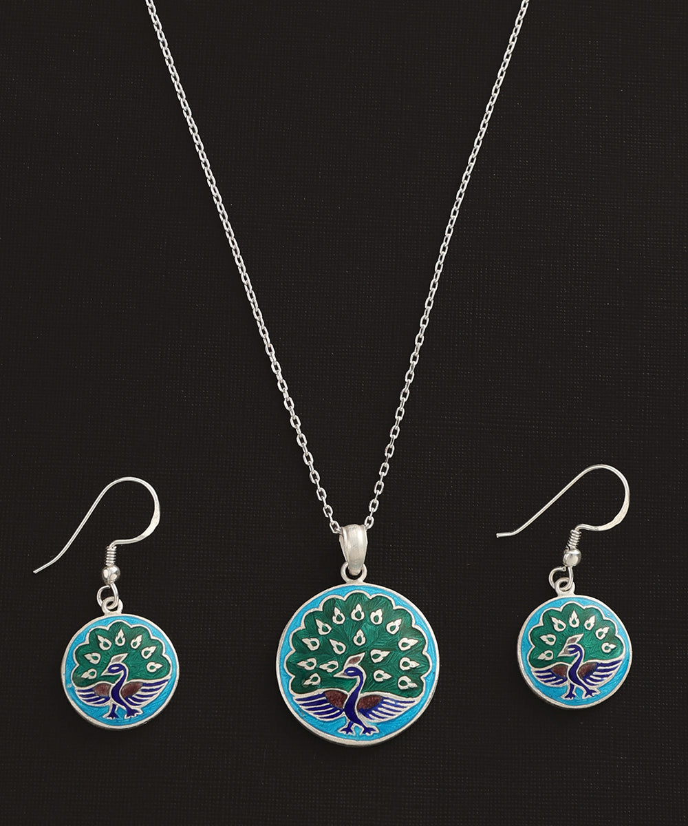 Qishen_Blue_Handcrafted_Pure_Silver_Meenakari_Pendant_And_Earrings_Set_With_Peacock_Motifs_WeaverStory_04