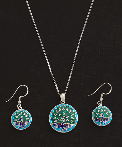 Qishen_Blue_Handcrafted_Pure_Silver_Meenakari_Pendant_And_Earrings_Set_With_Peacock_Motifs_WeaverStory_04